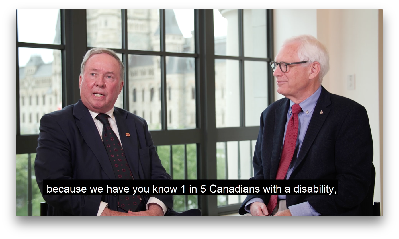 The Honourable Jim Munson, Senator of Ottawa/Rideau Canal Ontario and Bill Adair of Spinal Cord Injury Canada discuss a Barrier Free Canada